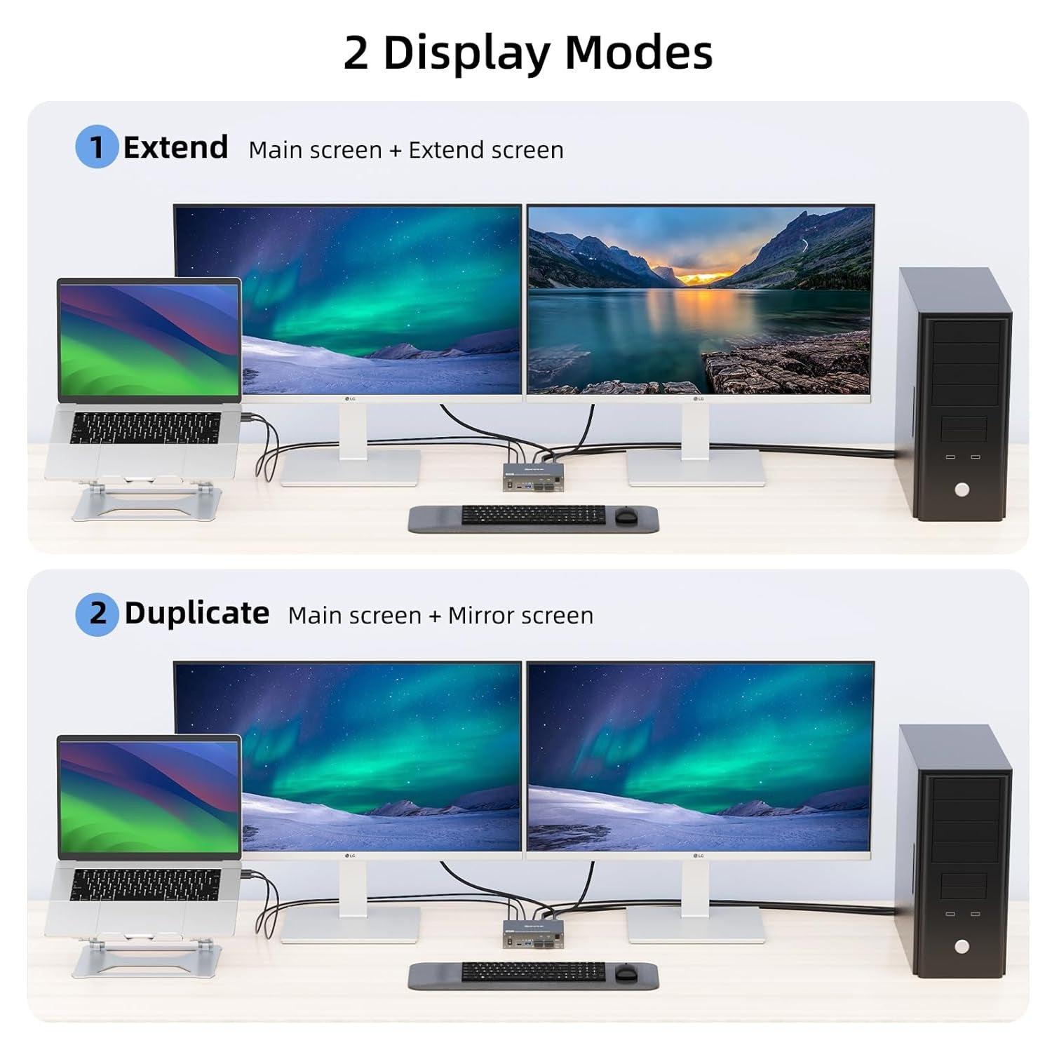 Conmutador KVM USB tipo C de 2 monitores, 2 ordenadores, doble monitor, USB 3.0