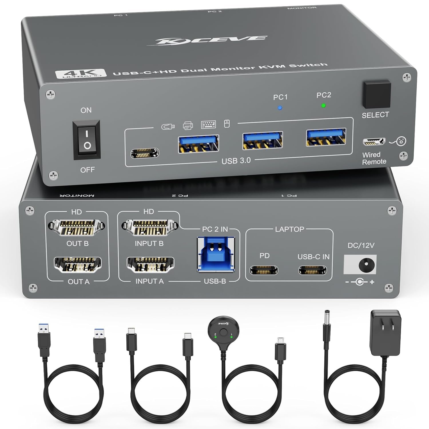 Conmutador KVM USB tipo C de 2 monitores, 2 ordenadores, doble monitor, USB 3.0