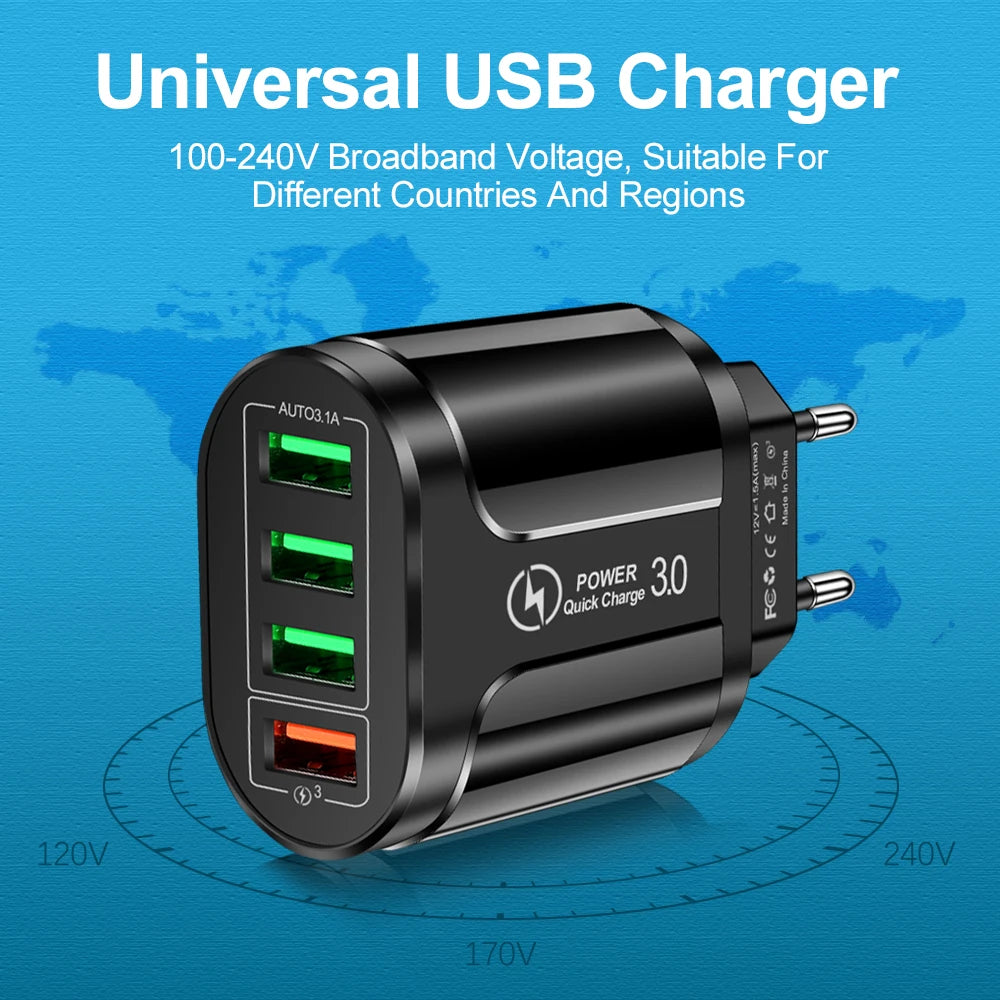 EU US Plug 4 USB 45W USB Charger Fast Charge QC 3.0 Wall Charging For iPhone 12 11 Samsung Xiaomi Mobile 4 Ports Adapter Travel