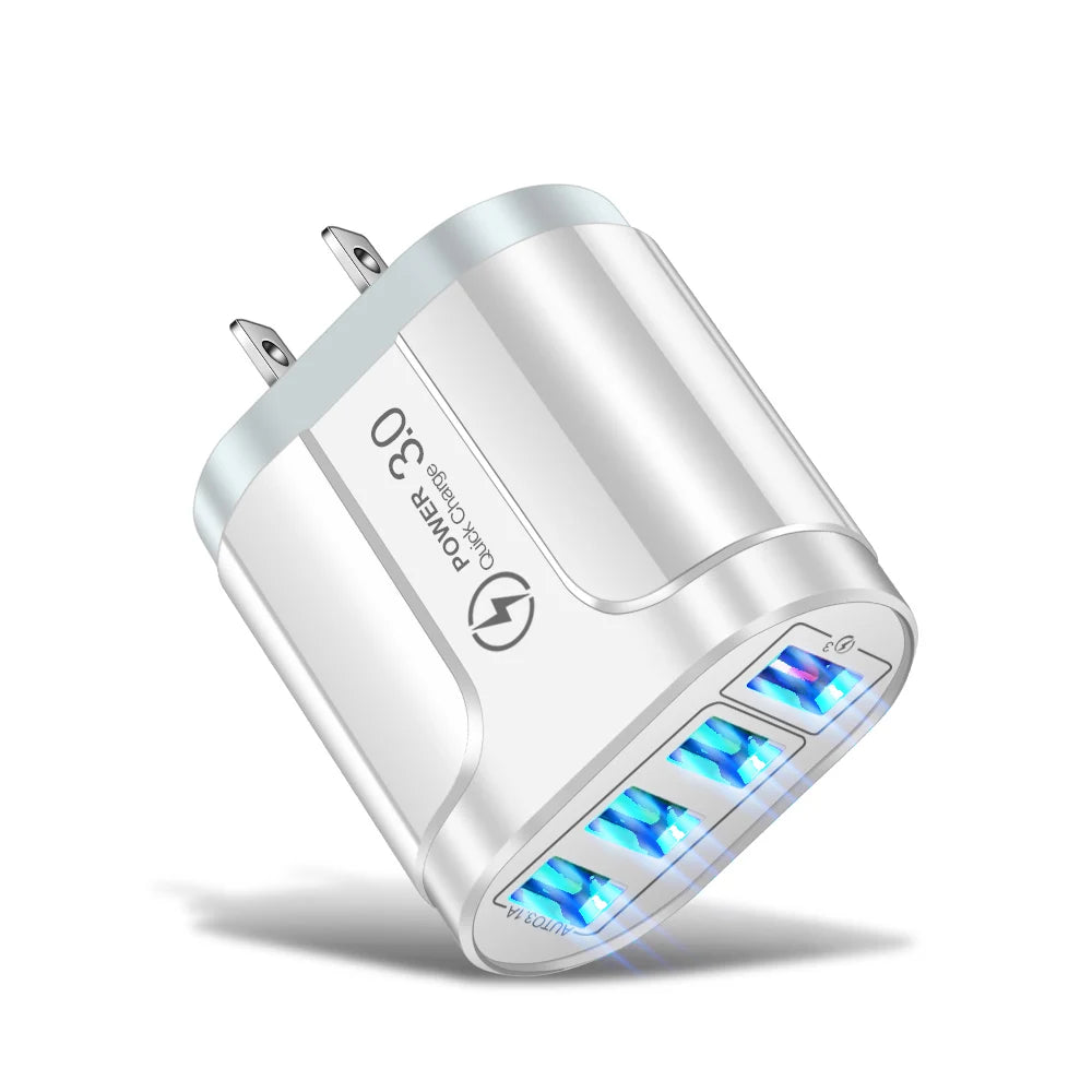 4 USB 45W USB Charger Fast Charge QC 3.0 Wall Charging For iPhone 15 14 Samsung Xiaomi Mobile 4 Ports EU US Plug Adapter Travel