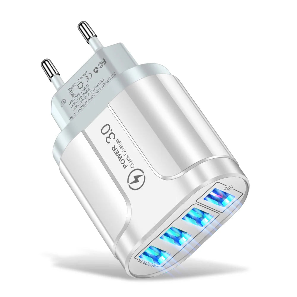 EU US Plug 4 USB 45W USB Charger Fast Charge QC 3.0 Wall Charging For iPhone 12 11 Samsung Xiaomi Mobile 4 Ports Adapter Travel