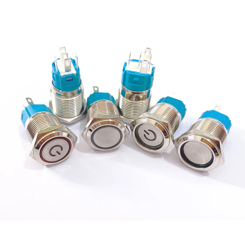 Interruptor de botón de metal a prueba de agua de 12/16/19/22mm, luz LED, momentáneo, enclavamiento, interruptor de encendido del motor del coche 5V 12V 24V 220V rojo azul