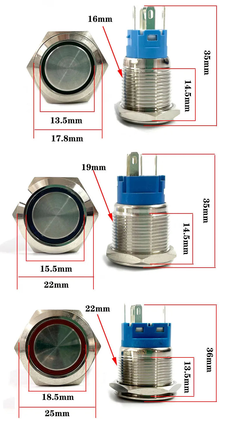 Interruptor de botón de metal a prueba de agua de 12/16/19/22mm, luz LED, momentáneo, enclavamiento, interruptor de encendido del motor del coche 5V 12V 24V 220V rojo azul