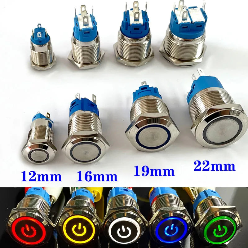 Interruptor de botón de metal a prueba de agua de 12/16/19/22mm, luz LED, momentáneo, enclavamiento, interruptor de encendido del motor del coche 5V 12V 24V 220V rojo azul