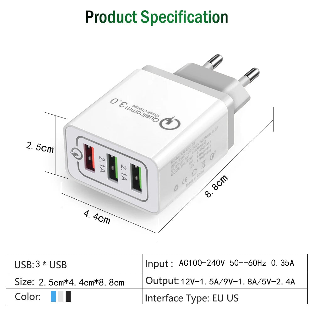 Wall Charger Adapter 3 Ports Quick Charge 3.0 Micro USB Fast Data Sync Charger Cable for Samsung Xiaomi Huawei ipad USB Charger