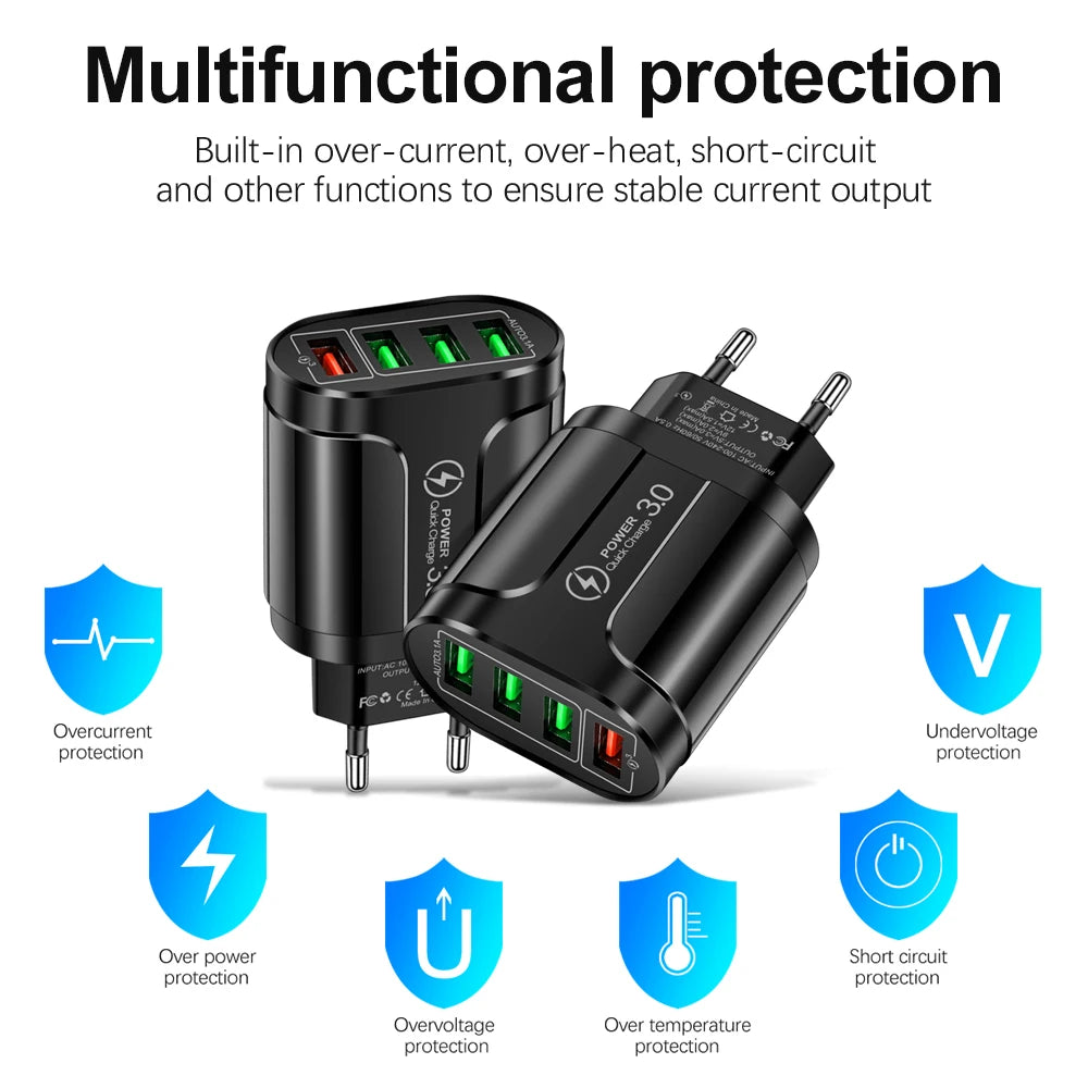 3in1 Cable 45W USB Charger Fast Charge QC 3.0 Wall Charging For iPhone 14 13 Samsung Xiaomi Mobile EU US Plug Adapter Travel
