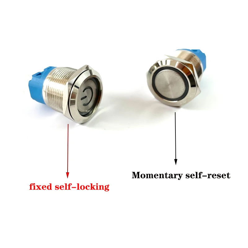 Interruptor de botón de metal a prueba de agua de 12/16/19/22mm, luz LED, momentáneo, enclavamiento, interruptor de encendido del motor del coche 5V 12V 24V 220V rojo azul