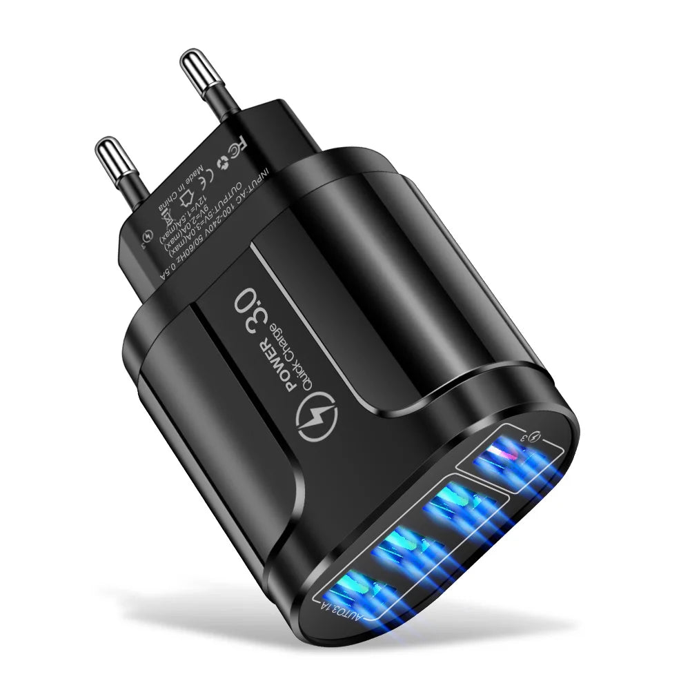 EU US Plug 4 USB 45W USB Charger Fast Charge QC 3.0 Wall Charging For iPhone 12 11 Samsung Xiaomi Mobile 4 Ports Adapter Travel
