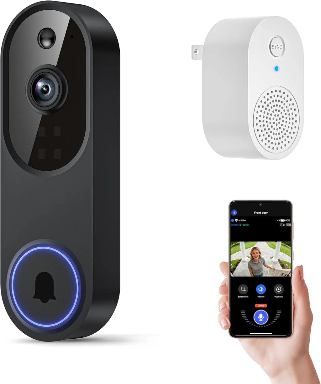 Cámara de vídeo para timbre inalámbrica Wi-Fi 1080p con audio bidireccional, visión nocturna, almacenamiento en la nube, detección de movimiento por IA, Wi-Fi de 2.4GHz