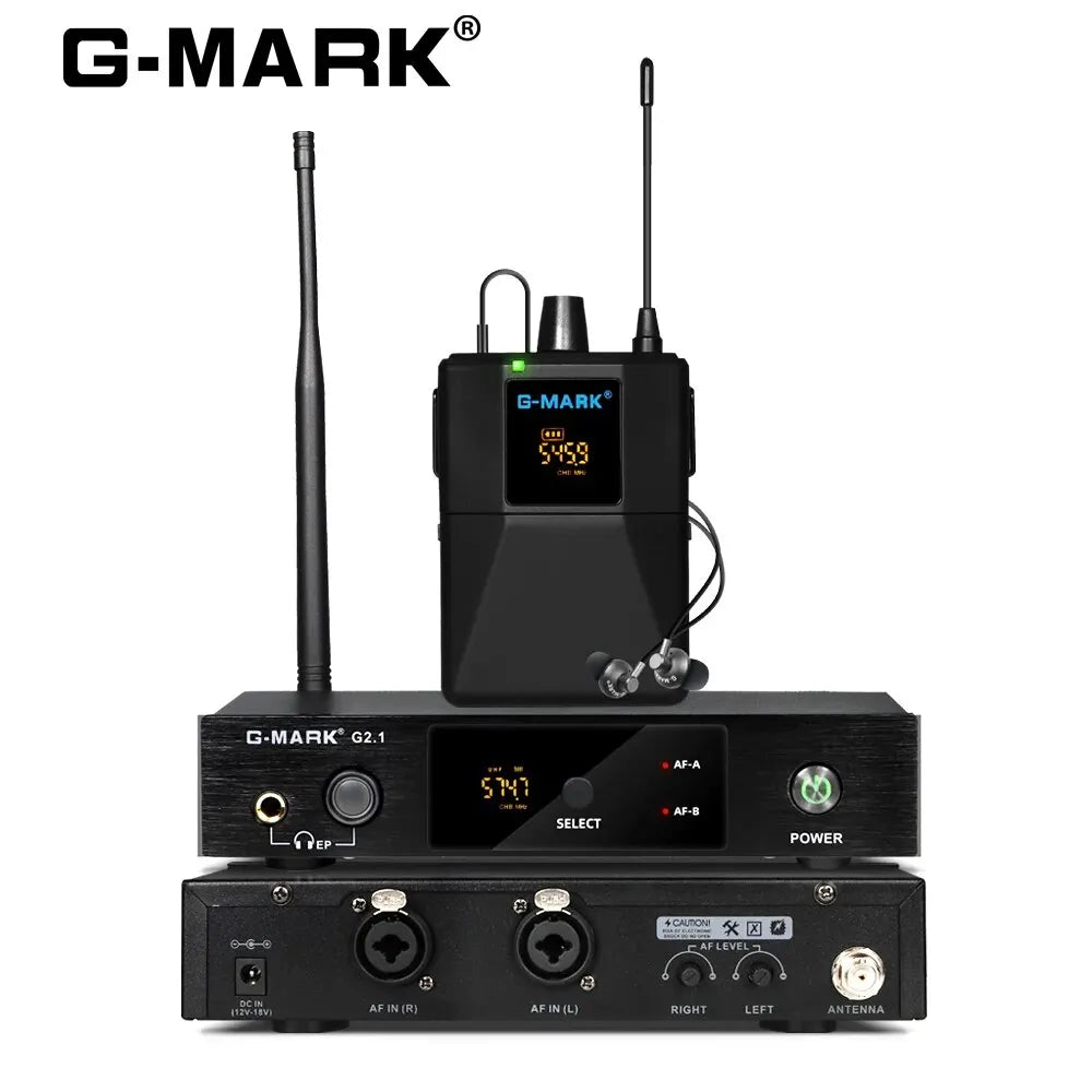 Monitor inalámbrico in-ear G-MARK G2.1IEM UHF con retorno para escenario, estudio y frecuencia seleccionable, para guitarra, banda, DJ y fiestas