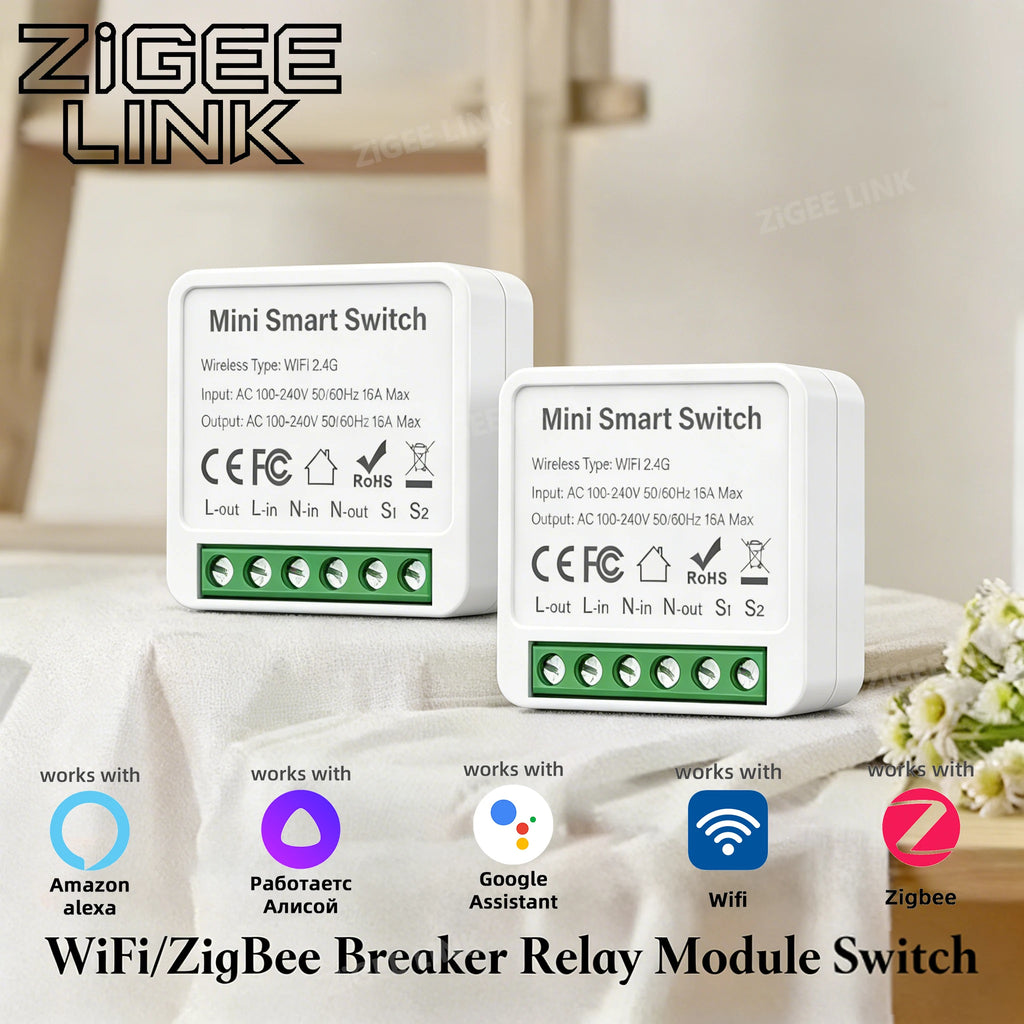 Interruptor de luz inteligente mini WIFI/ZigBee, relé interruptor de control bidireccional 16A, control por voz con aplicación Smart Life para Tuya Alexa Google