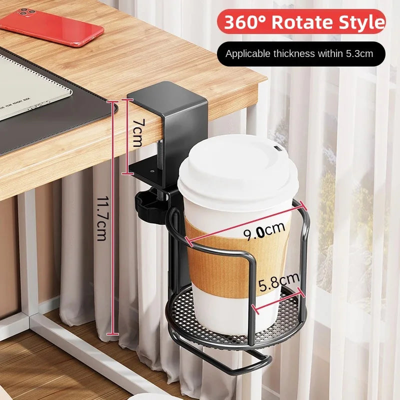 Soporte de vaso para escritorio 2 en 1 sin perforación, abrazadera de brazo ajustable mejorada, soporte giratorio de 360 grados para el borde de la mesa, soporte para vaso anticaída