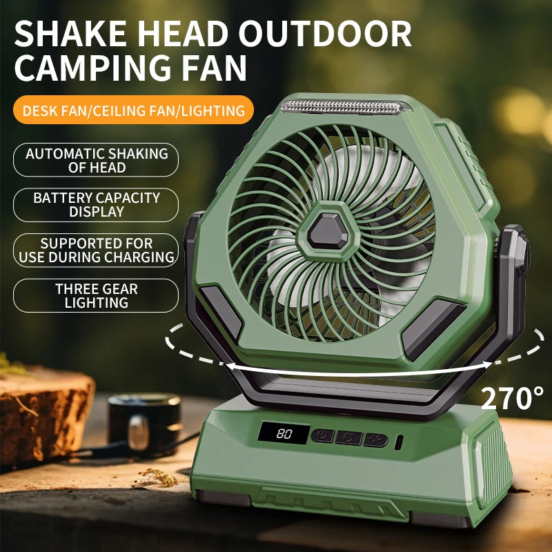 2025 New Camping Fan Rechargeable Outdoor Fan Ceiling Oscillating Fan Portable Air Conditioner with 3 Gears and Flashlight
