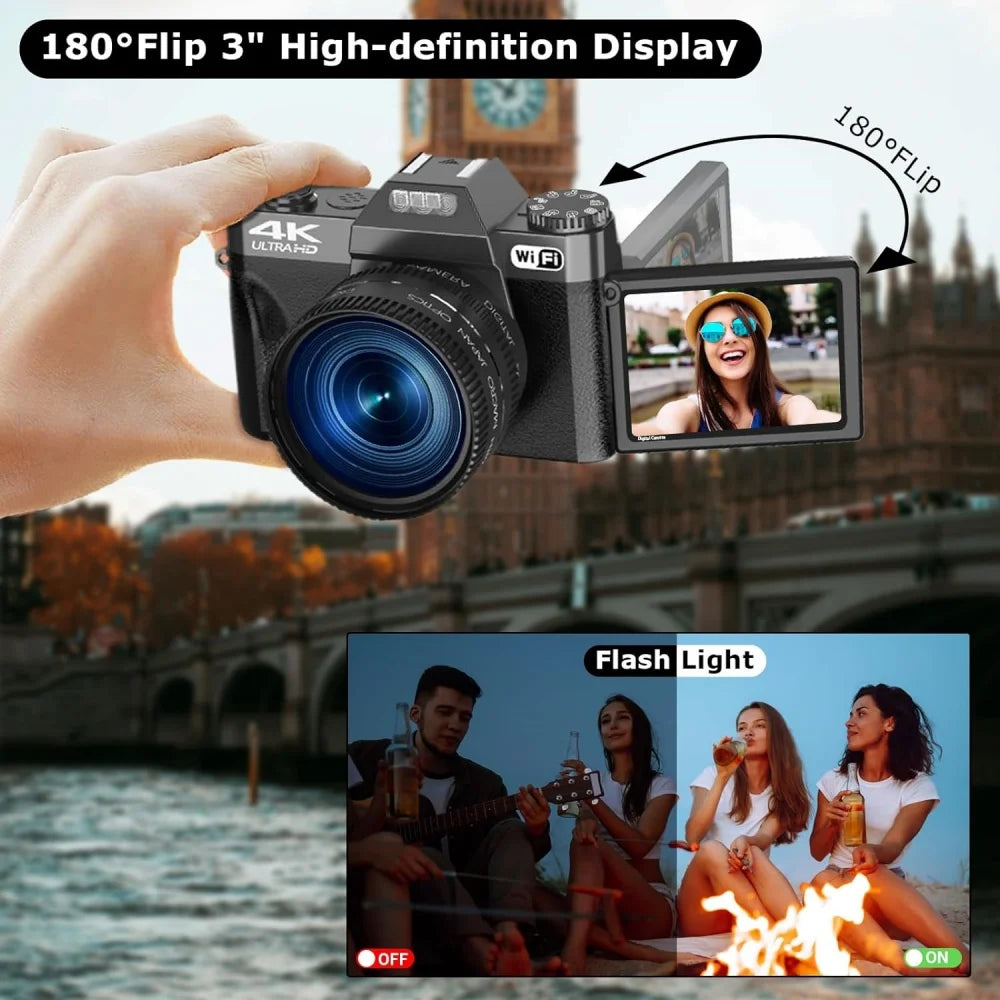Cámara digital de 56 MP con pantalla abatible 16X para fotografía, grabación de vídeo 4K, videocámara para Vlog, transmisión en vivo en YouTube, cámara web y selfis