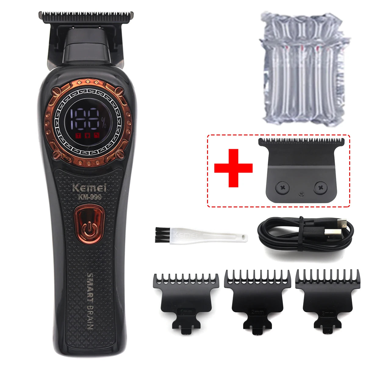 Kemei DLC T-Blade Zero Gapped LED Display Cordless USB Professional Hair Clipper Finishing Machine KM-999 Hair Trimmer for Men