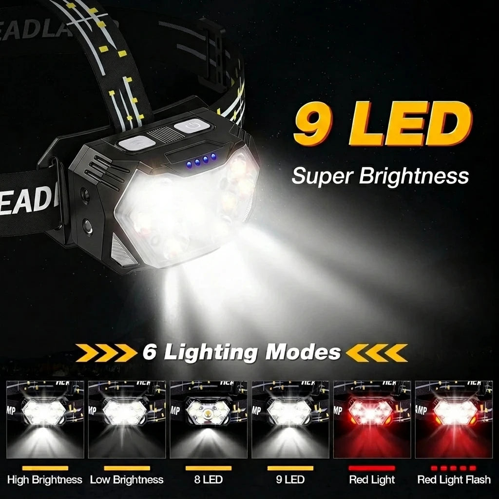 Motion Sensor Headlamp 9 Led Strong Headlight 2000 Lumen USB Portable Waterproof Camping Outdoor Head Lamp Work Flashlight