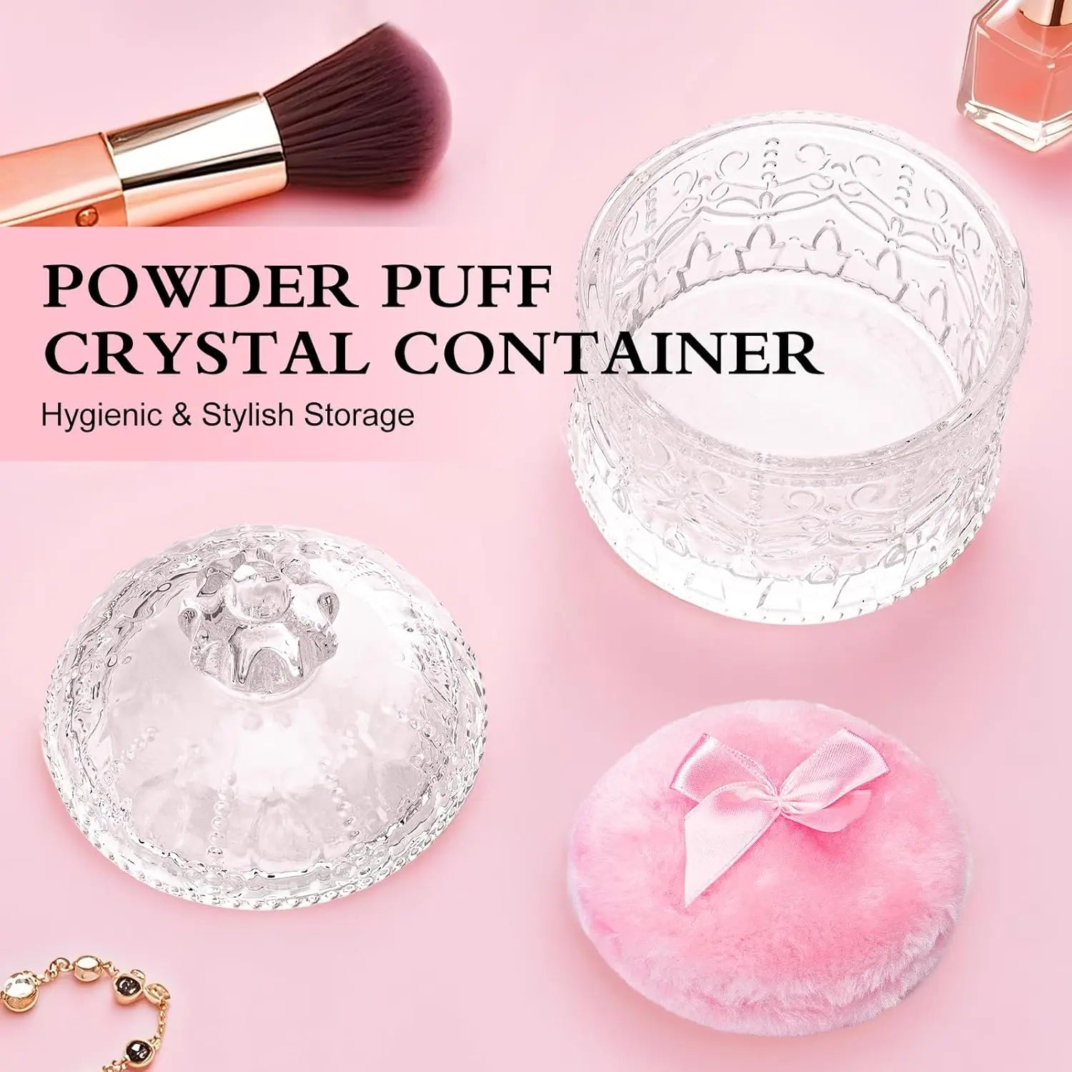 Juego de 2 borlas de terciopelo para polvos con envase de cristal, suaves y lavables para maquillaje facial y corporal