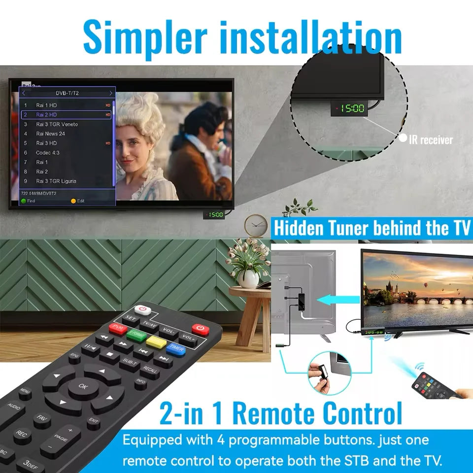 Dluxury U3mini Décodeur TV numérique DVB T2 DVB C Chaînes TV HD gratuites EPG 7 jours Tuner TV pour l'Espagne, la France, l'Italie, la Colombie, etc.