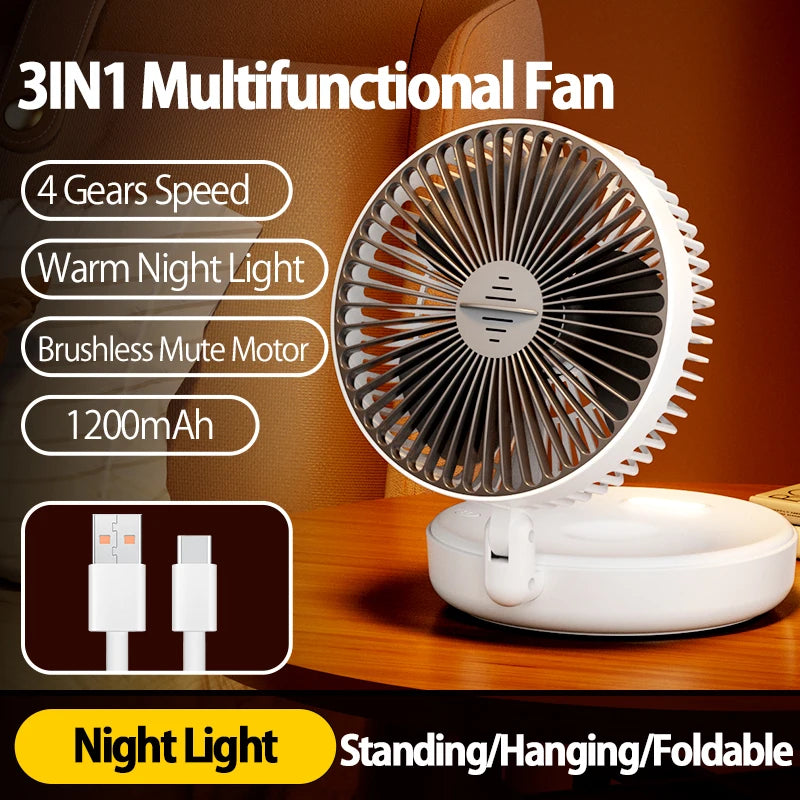 2024 New 3IN1 5000mAh Rechargeable Portable Desktop Fan Wall Mounted Fan 90° Folding USB Fan 4 Gears With Warm Night Light