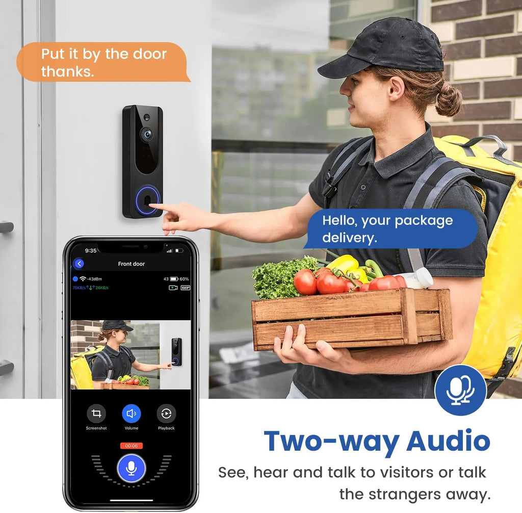 Timbre de Video Inalámbrico con Detección por IA, Visión Nocturna, Audio Bidireccional, Almacenamiento en la Nube para Seguridad Interior/Exterior