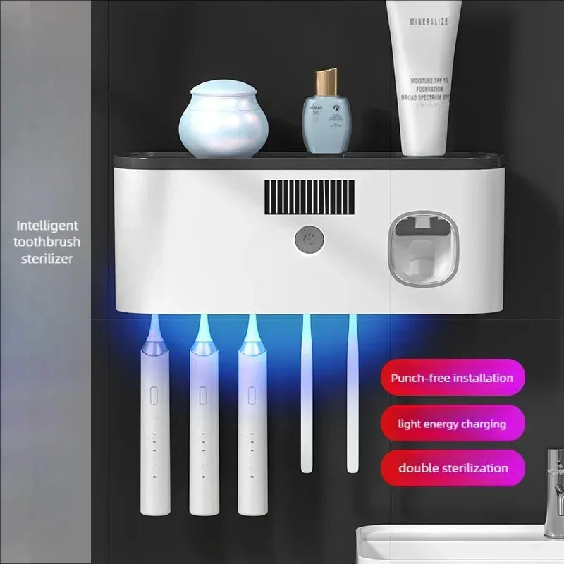 Esterilizador de cepillos de dientes UV con carga inalámbrica, porta cepillos de dientes sin perforaciones, estante de almacenamiento para esterilizador de cepillos de dientes