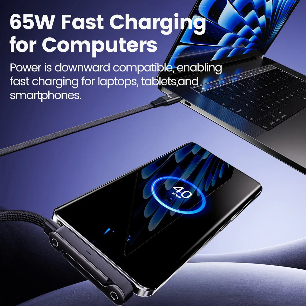 65W USB A To USB Type C Cable Quick Charge Phone Charger Cable Built In Foldable Stand Data Wire 2 in 1 USB C Charging Line