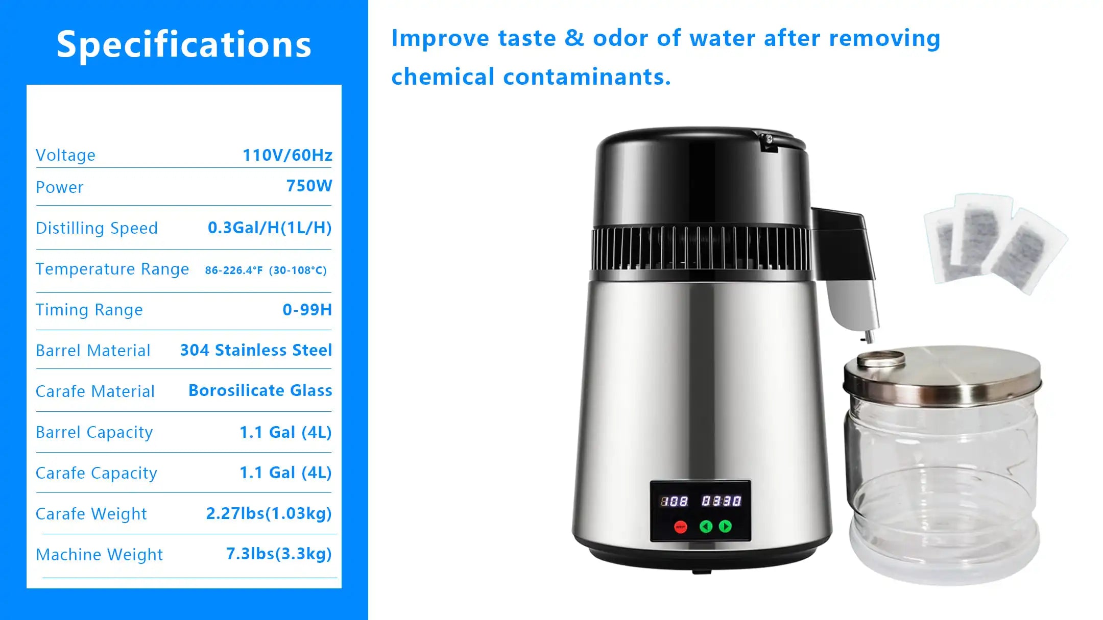 Destilador de agua de 4 litros, productor de agua destilada de 1.1 galones, destilador de agua pura con pantalla de doble temperatura de 750 W, máquina destiladora de agua