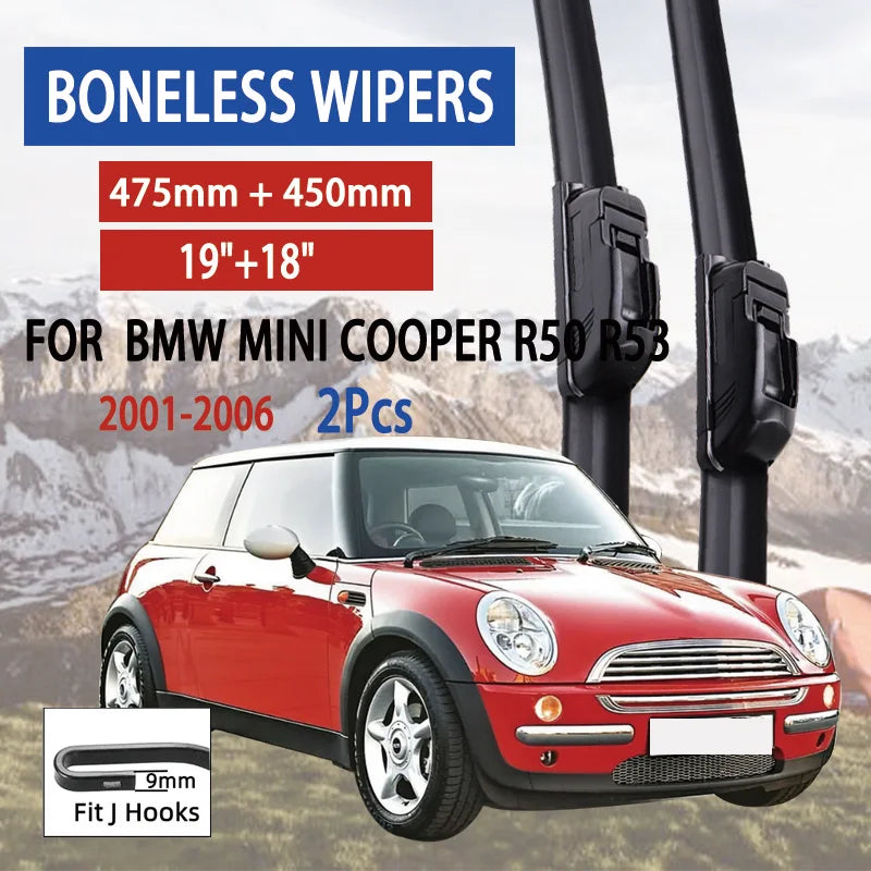 For BMW MINI Cooper R50 R53 2001-2006 Car Front Wiper U-Shape Soft Rubber Boneless Wiper HD Silent Durable Wiper 19"+18"