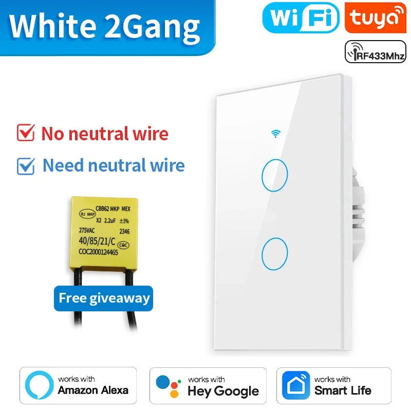 TNCE Tuya US Switch wifi zigbee, 1/2/3/4 gang, No-Neutral/Wire LED light control Wall Button, smart voice with Alexa Google Home