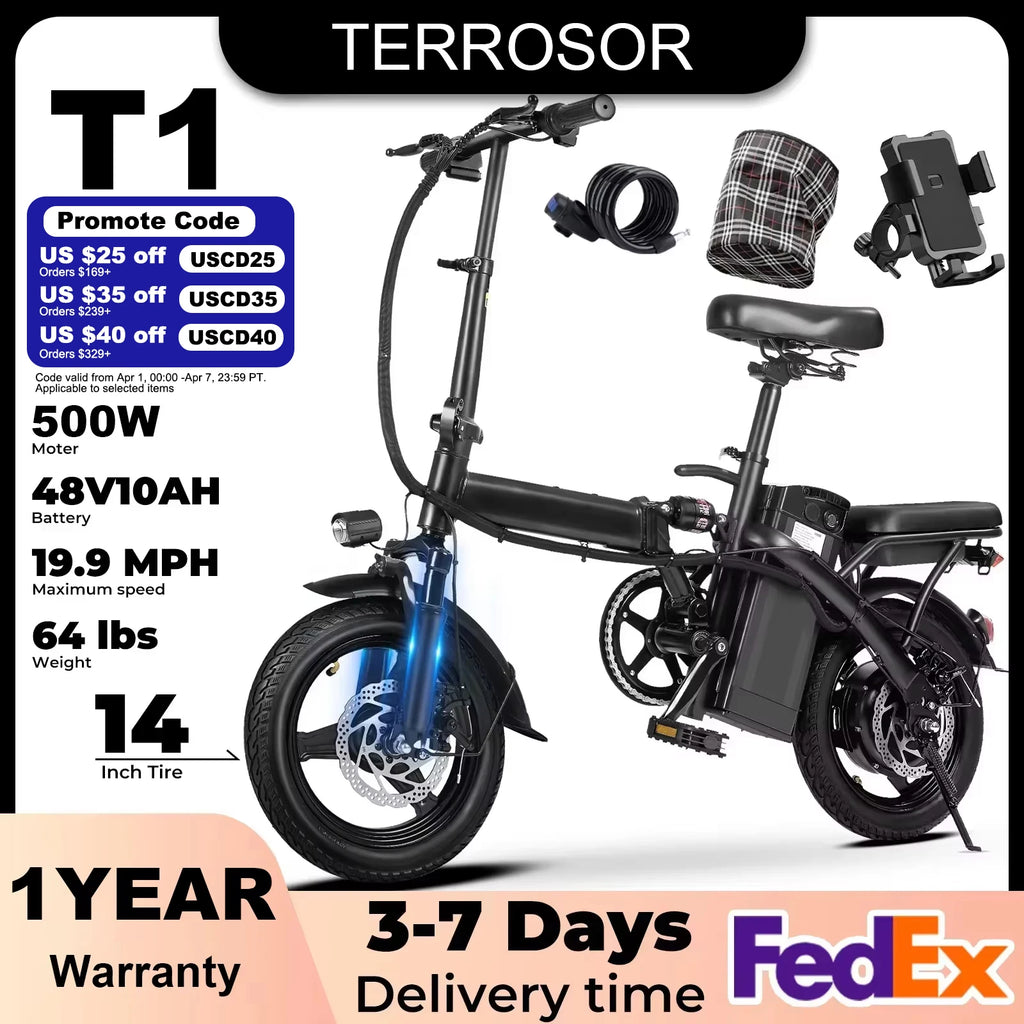 1 año de garantía, bicicleta eléctrica para adultos de 500W, 32 km/h, 48V10.4Ah con doble freno de disco, bicicleta eléctrica plegable de 14 pulgadas, autonomía de 35 km