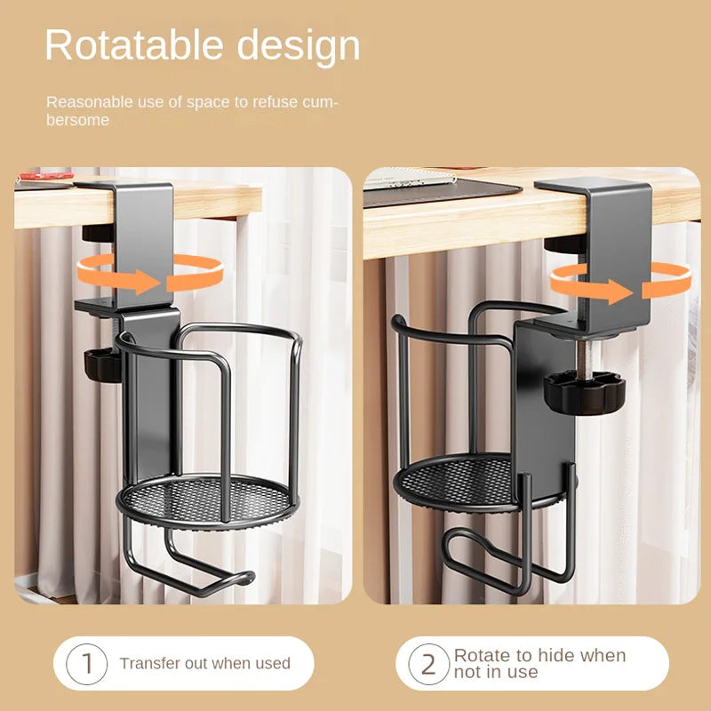 Soporte de vaso para escritorio 2 en 1 sin perforación, abrazadera de brazo ajustable mejorada, soporte giratorio de 360 grados para el borde de la mesa, soporte para vaso anticaída