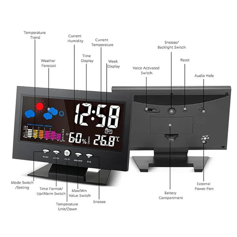 Digital LED Weather Station Temperature & Humidity Monitor With Forecast Display & Table Alarm Clock Large Screen Weather Clock