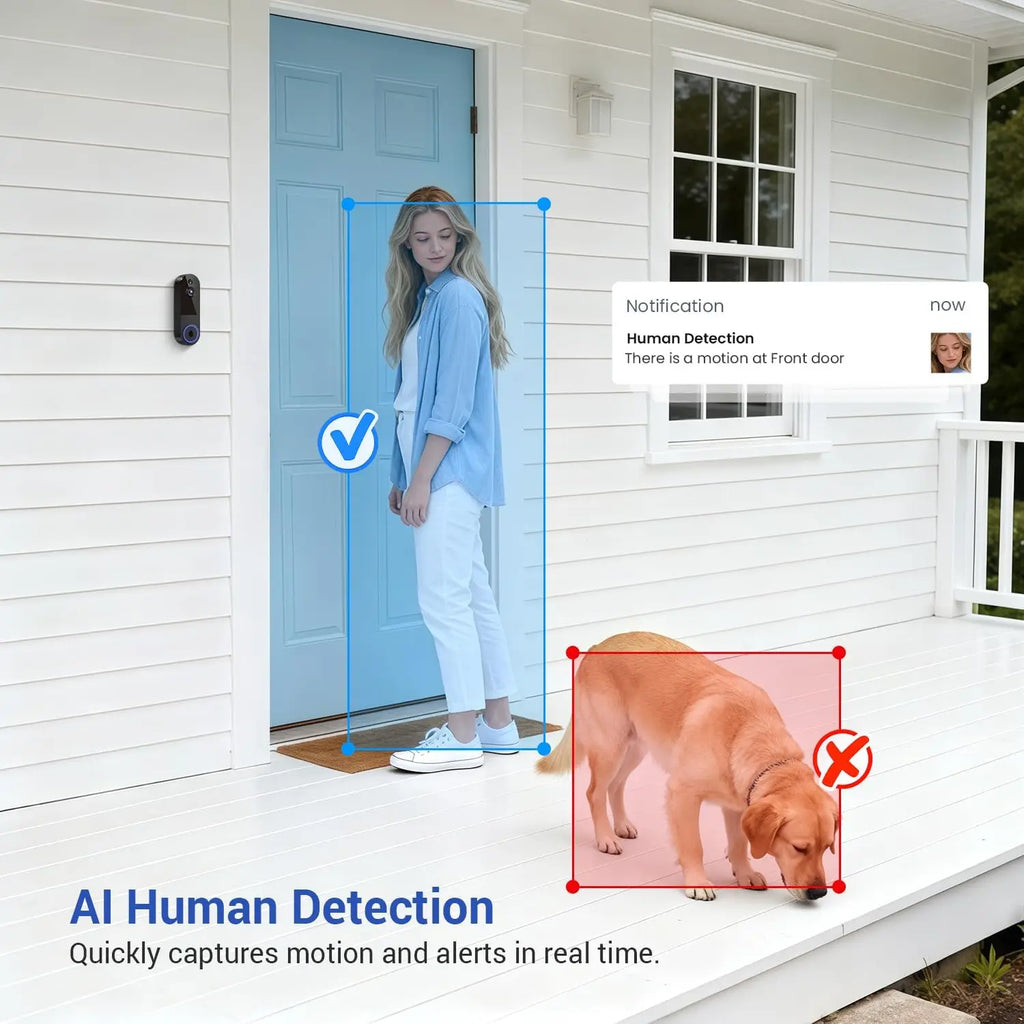 Cámara de vídeo para timbre inalámbrica Wi-Fi con visión nocturna, audio bidireccional, detección de movimiento por IA y almacenamiento en la nube