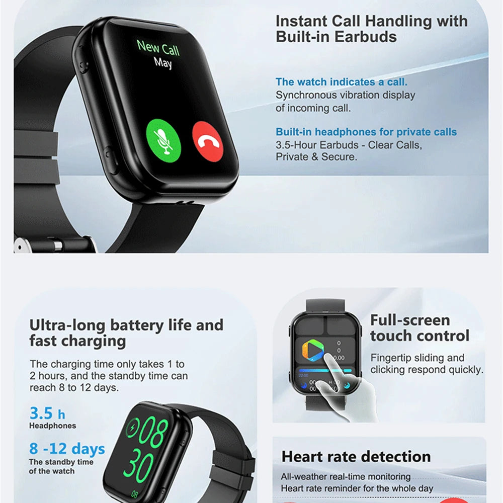 Smartwatch Resistente al Agua 2 en 1 Equipado con Auriculares TWS Smart Watch Hombres Mujeres Deportes Frecuencia Cardíaca Monitoreo de Salud Llamadas BT Música