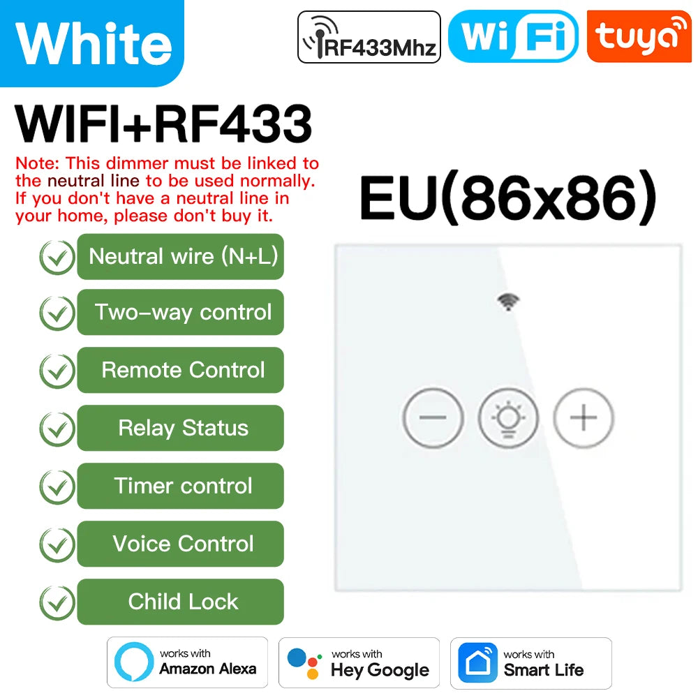 TNCE Tuya Dimmer wifi rf433 EU/US, Neutral wire Light Wall Switch remote Controllor, Smart Life APP, Voice for Google Home Alexa