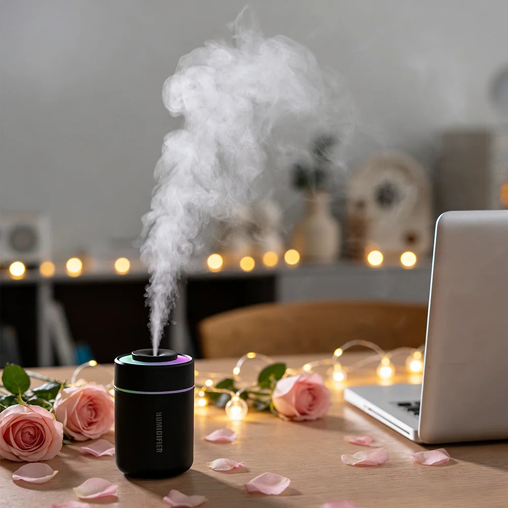 1 humidificador de aire portátil, funcionamiento silencioso, modo de pulverización fina, con luces ambientales - Humidificador USB portátil para uso en interiores