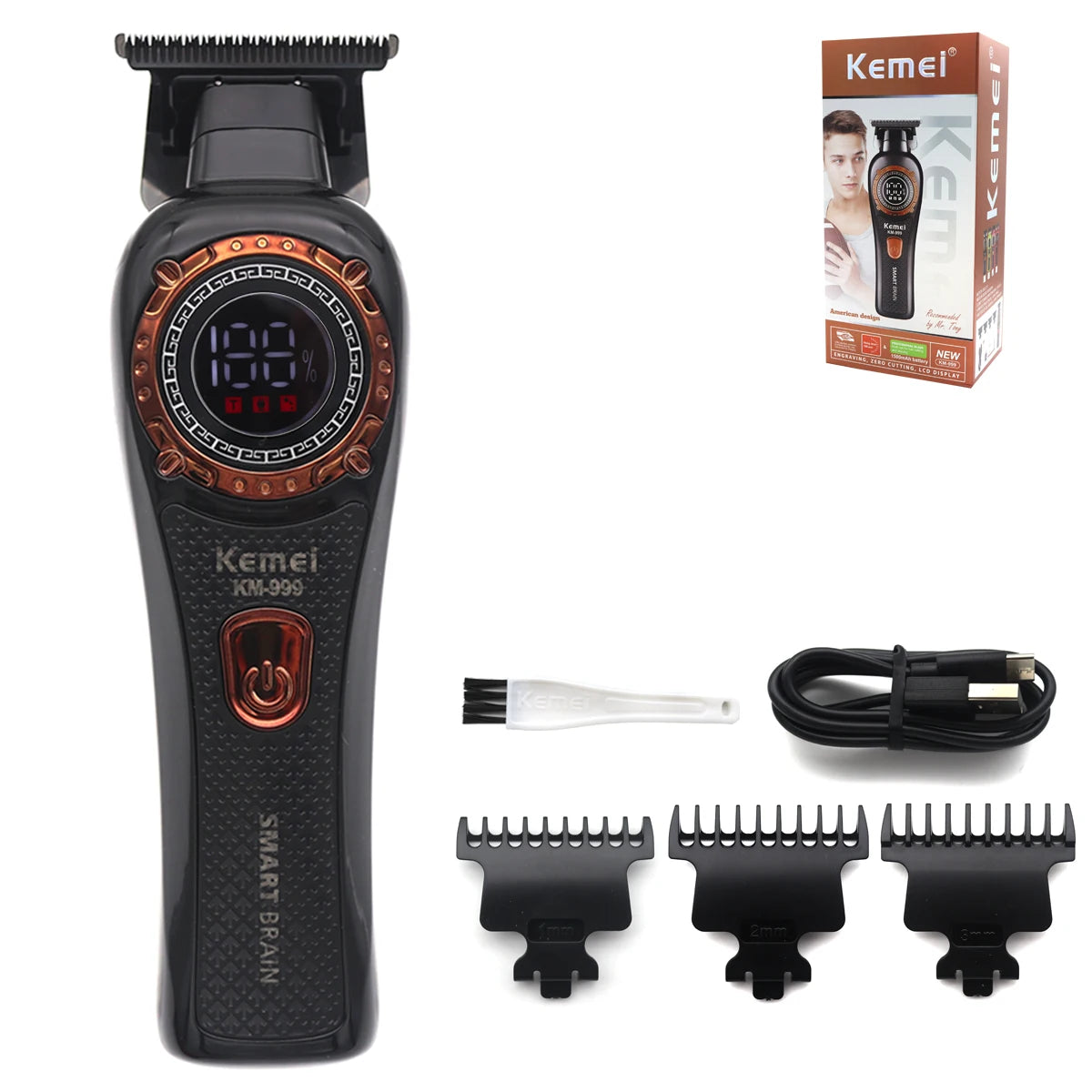 Kemei DLC T-Blade Zero Gapped LED Display Cordless USB Professional Hair Clipper Finishing Machine KM-999 Hair Trimmer for Men