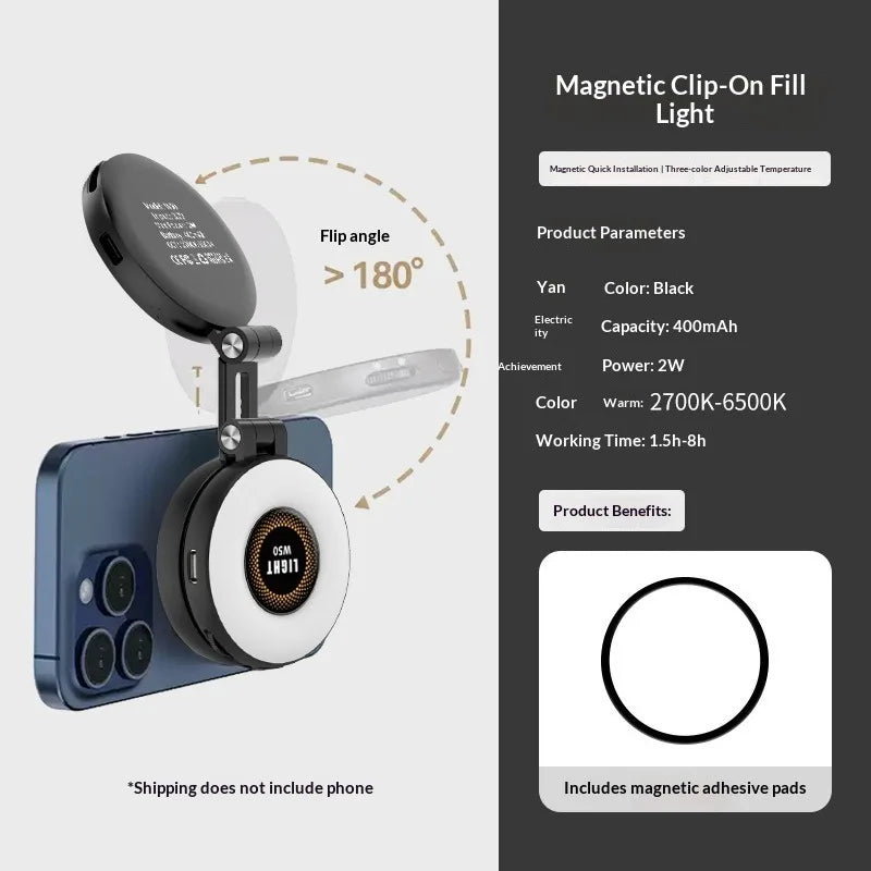 W50 Teléfono móvil Tablet Luz de relleno magnética, Iluminación portátil de mano para disparos horizontales y verticales, Soporte ajustable