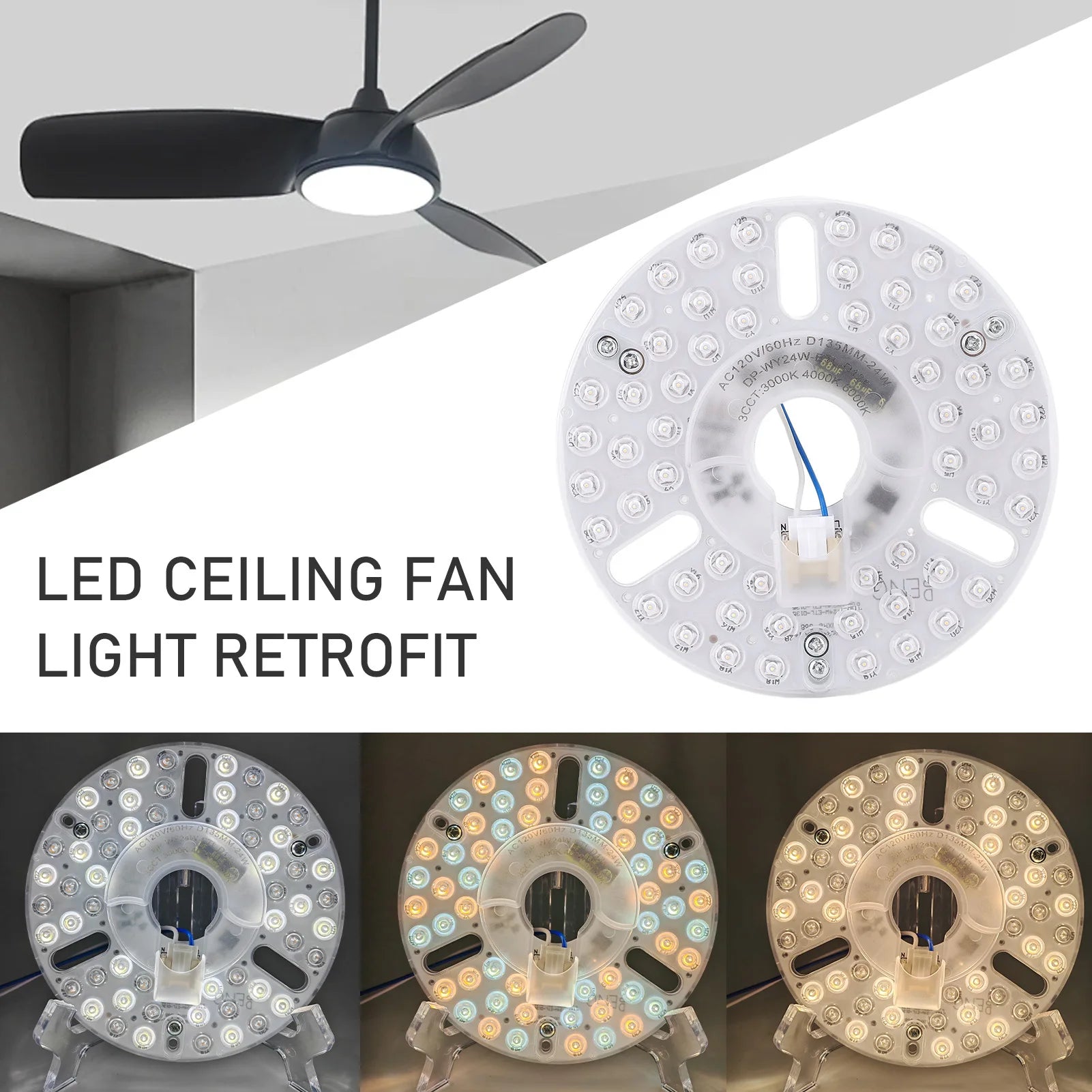 5.3 Inch Ceiling Fan LED Light Replacement 24W 3CCT Dimmable Magnetic LED Fan Light Board Panel Retrofit Light with Memory