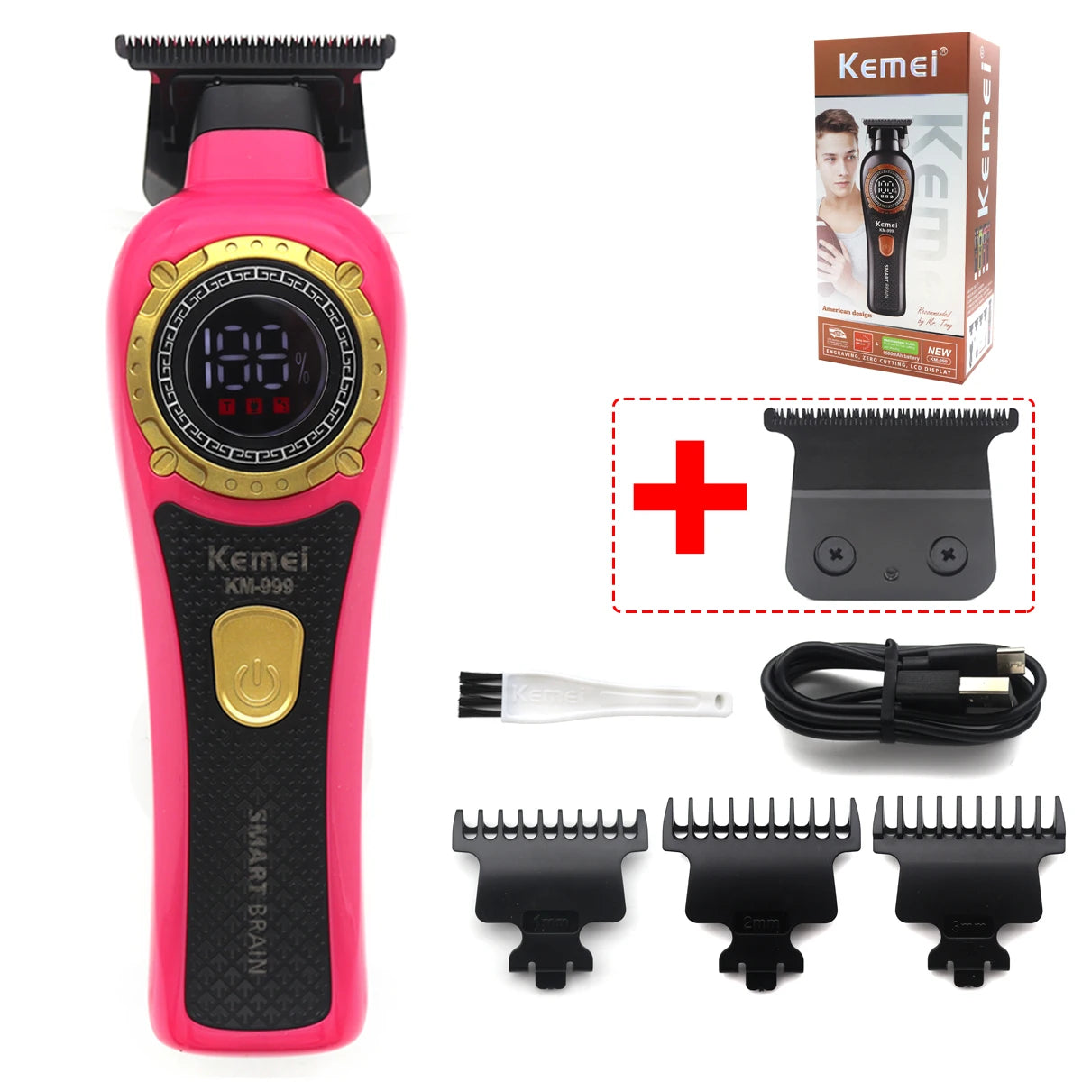 Kemei DLC T-Blade Zero Gapped LED Display Cordless USB Professional Hair Clipper Finishing Machine KM-999 Hair Trimmer for Men