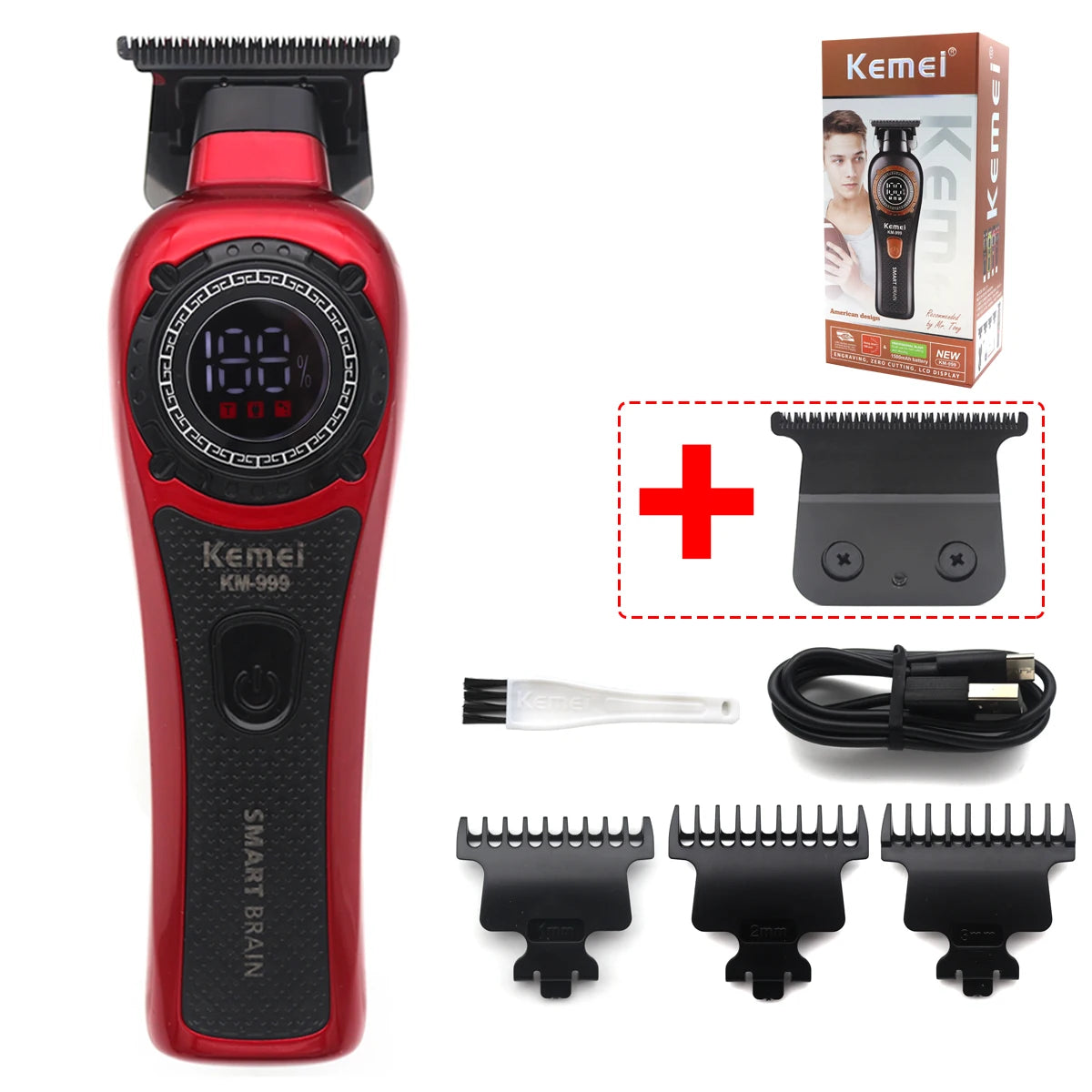 Kemei DLC T-Blade Zero Gapped LED Display Cordless USB Professional Hair Clipper Finishing Machine KM-999 Hair Trimmer for Men