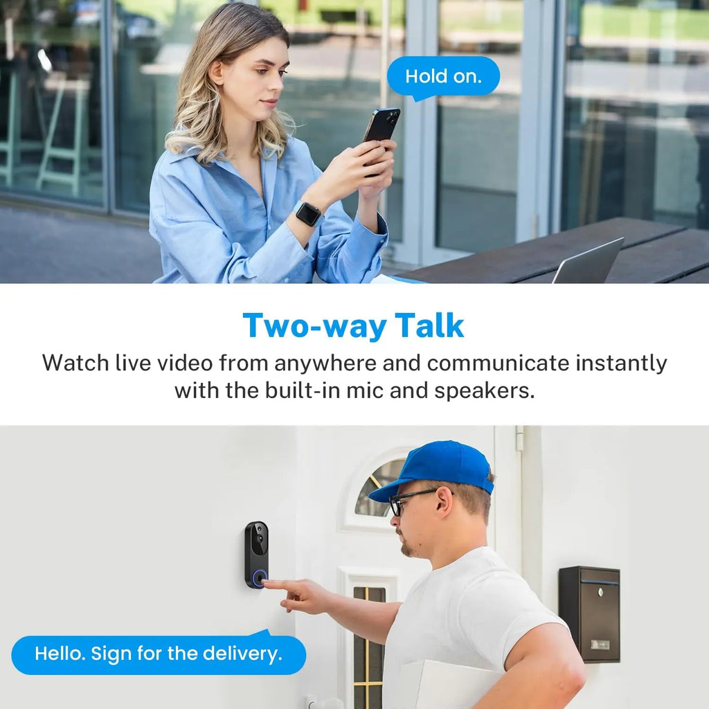 Cámara de video inalámbrica para timbre con detección de IA, visión nocturna, audio bidireccional, alimentada por batería para uso en interiores y exteriores