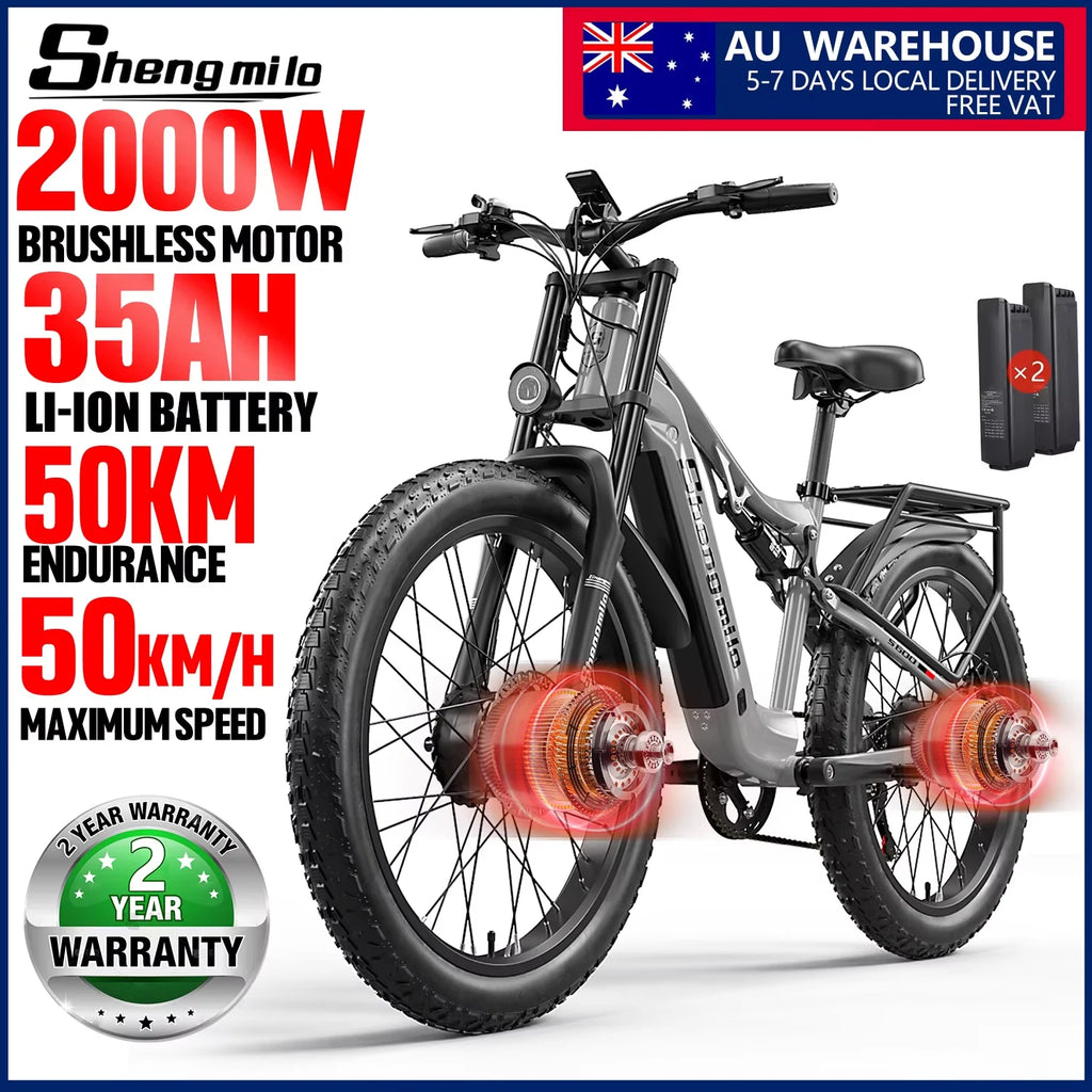 Shengmilo S600 26 inches adult electric mountain bike, 2000W dual motor ebike 7-speed electric bicycle，Fat Tire ebike17.5ah