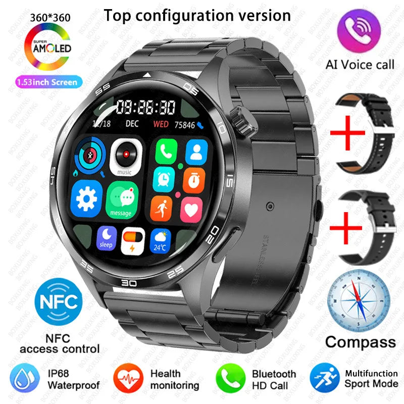 BOXUXING 2026 New GPS NFC Smart Watch 5 Pro Men 360*360 AMOLED Screen Heart rate Bluetooth Call IP68 Waterproof Man Smartwatch