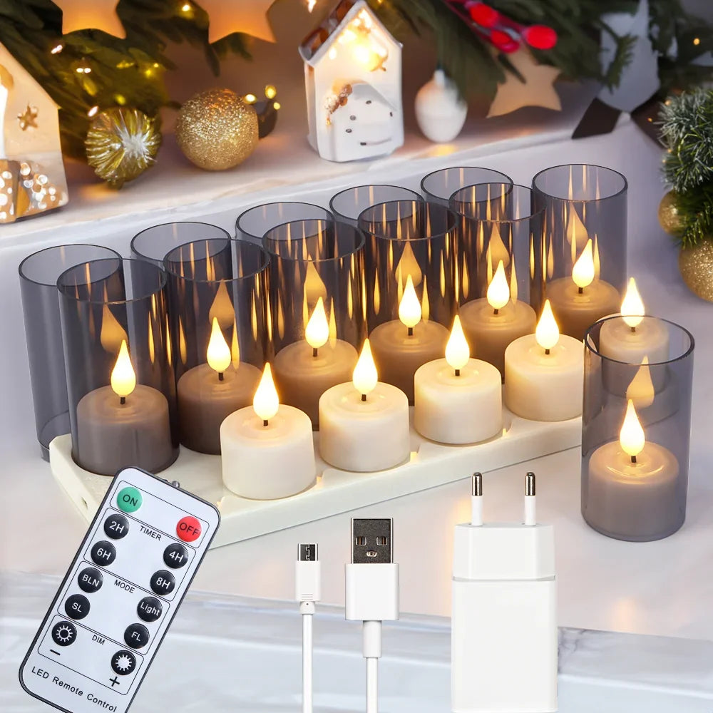 LED Candle Light Rechargeable Tea Lights Flameless Candles Led Light Timer Remote With Black Cups For Wedding Home Decor  Lamp