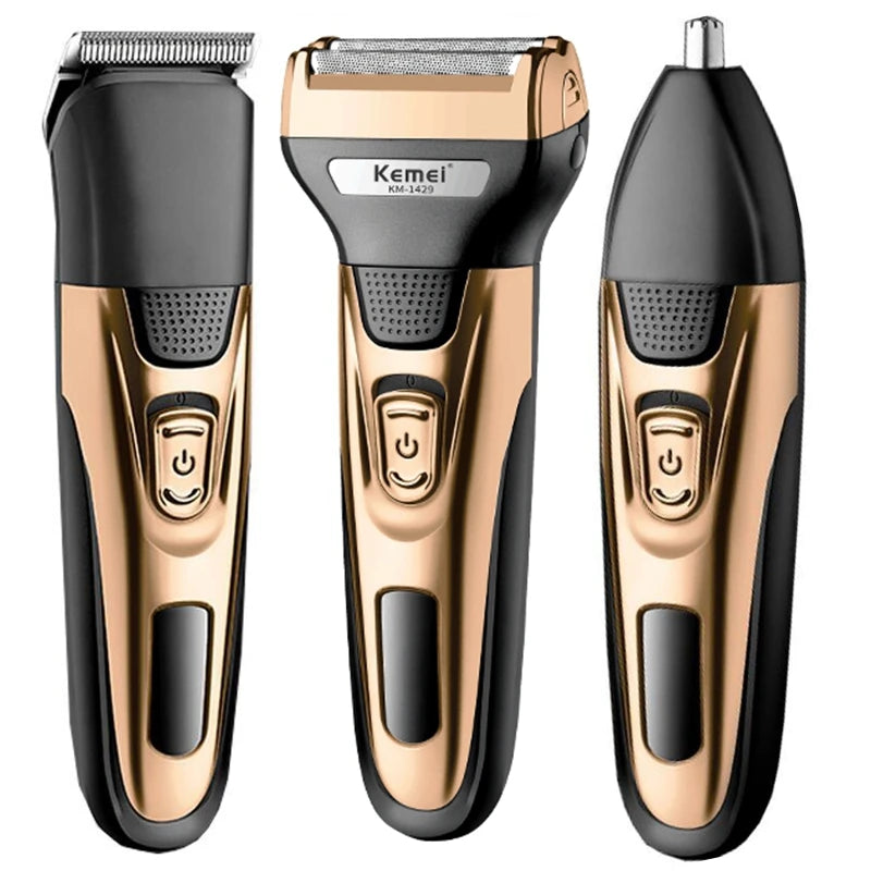 Kemei Kit de Aseo 3 en 1, Afeitadora Eléctrica para Hombres, Recortadora de Barba, Cabello, Cuerpo, Nariz y Orejas, Máquina de Afeitar Facial Recargable
