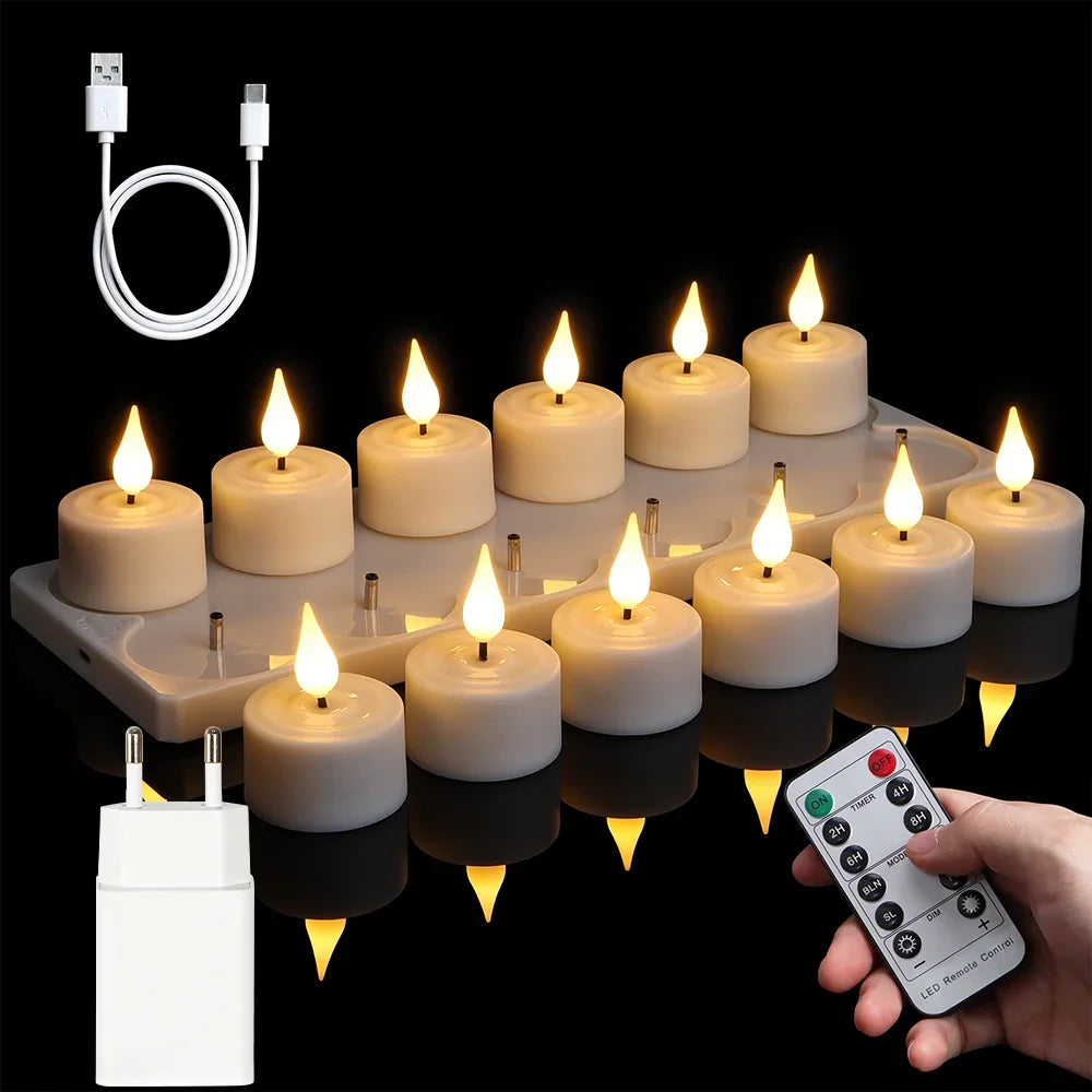 LED Candle Light Rechargeable Tea Lights Flameless Candles Led Light Timer Remote With Black Cups For Wedding Home Decor  Lamp