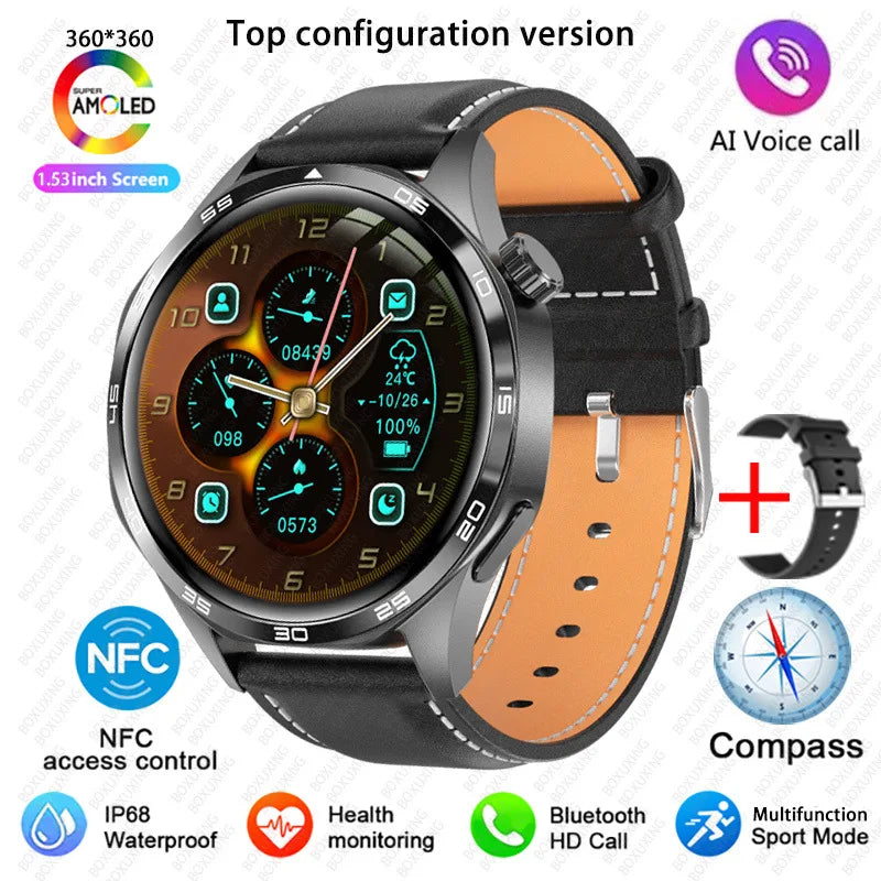BOXUXING 2026 New GPS NFC Smart Watch 5 Pro Men 360*360 AMOLED Screen Heart rate Bluetooth Call IP68 Waterproof Man Smartwatch