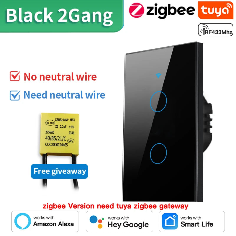 TNCE Tuya US WiFi or zigbee Smart Wall Switch 1/2/3/4 Gang Wire Touch Sensor LED Light Switches Smart Home Alexa Google Home