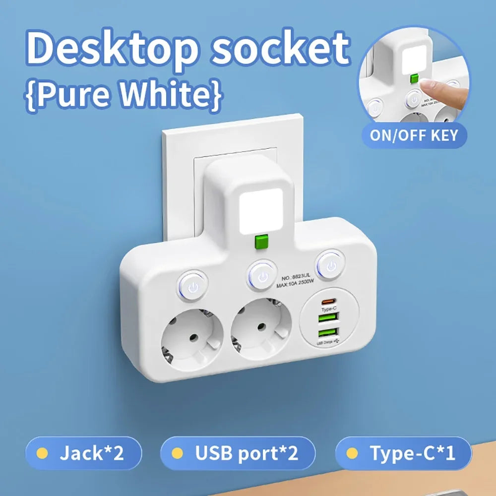 EU Plug Power Strip Outlets,4 Sockets with 2 USB Type-C port Wall Charger Two specifications for Home Offices Power Socket